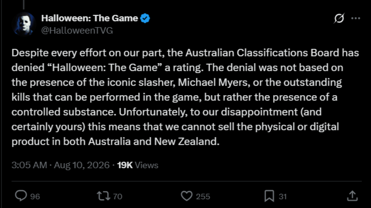 IllFonics on X explaining why Halloween: The Game is banned in Australia.