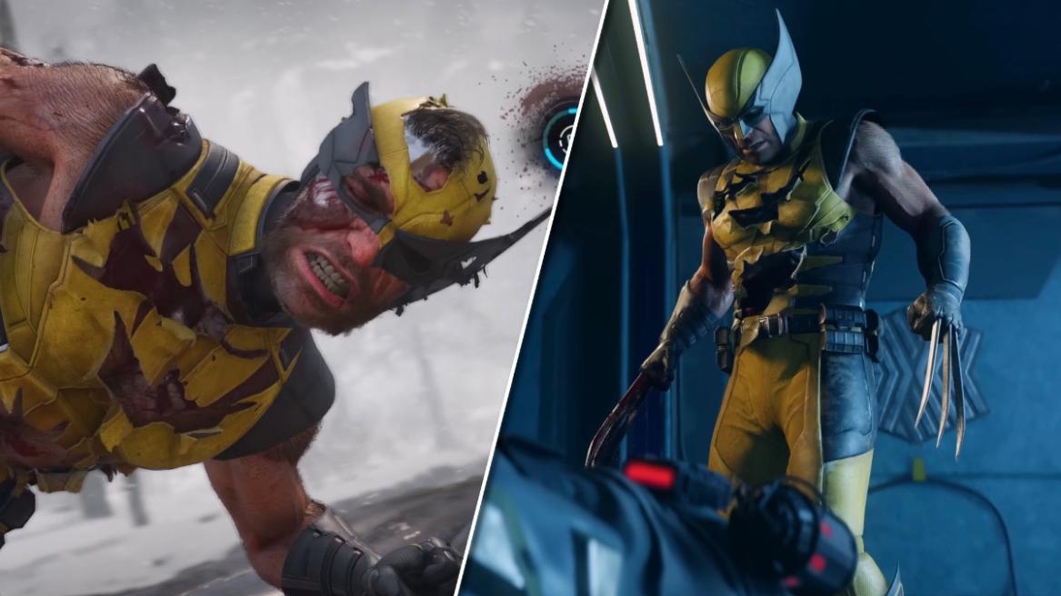 Marvel's Wolverine official footage featuring Logan performing Last Stand ability (left), Logan saving the mutant kids with shredded suit (right).