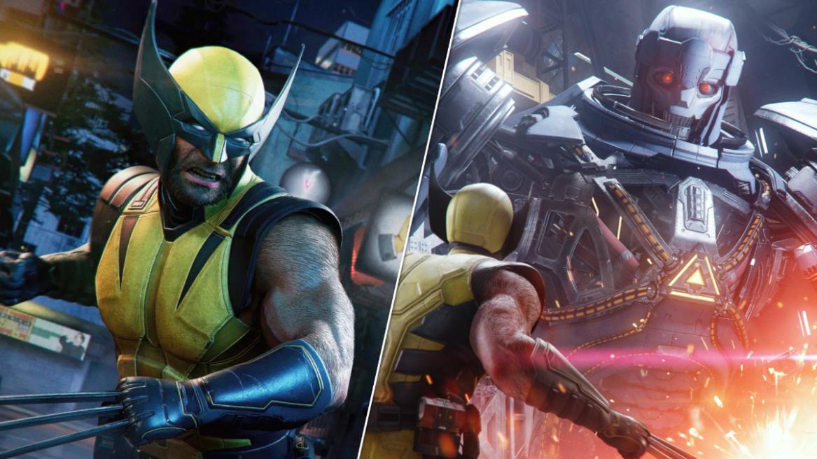 Marvel's Wolverine screenshot featuring Wolverine attacking (left), Wolverine against the Prototype Sentinel boss.