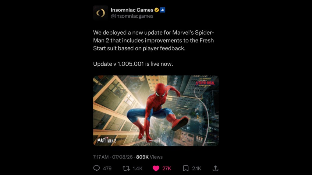 Insomniac's X post about the latest Marvel's Spider-Man 2 hotfix, addressing player feedback for the Fresh Start Suit.