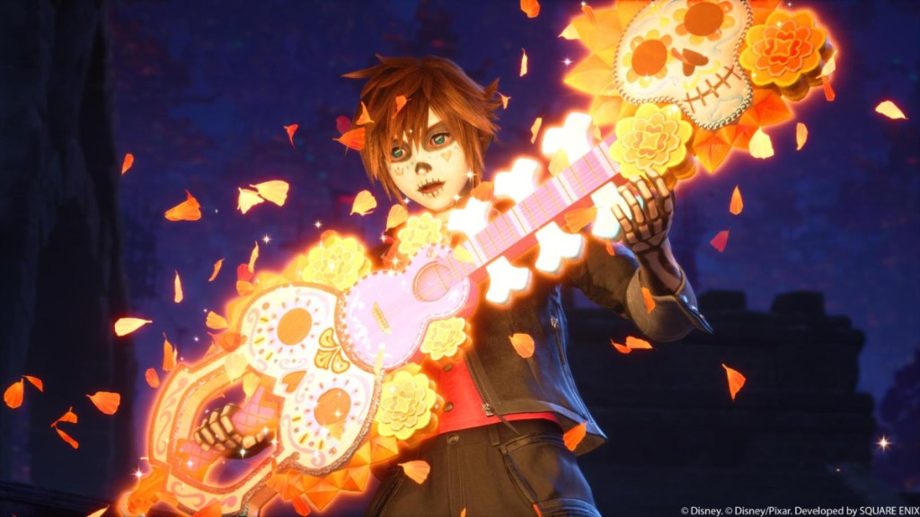Kingdom Hearts 4 screenshot featuring Sora at the Day of the Dead festival, holding the Kingdom Key.