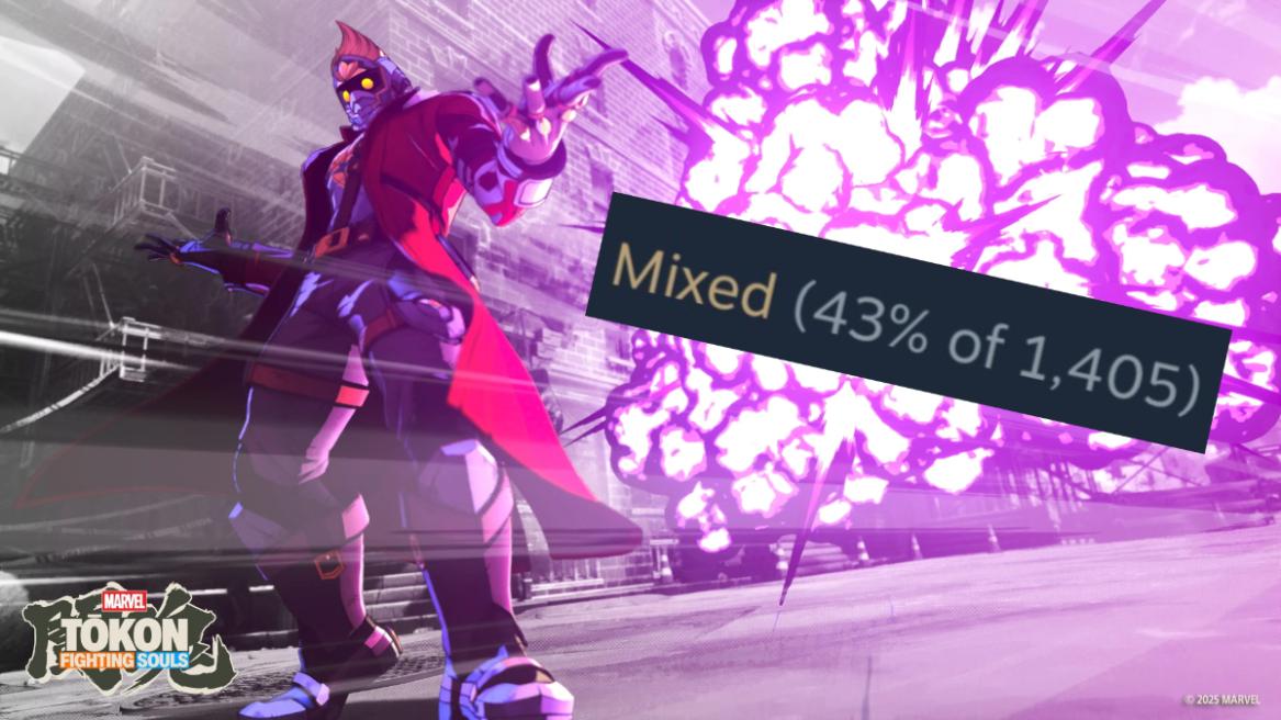 Marvel Tokon Fighting Souls image featuring Star Lord's ultimate animation and Steam's "Mixed" tag on PC beside him.