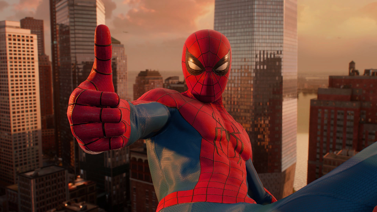 Marvel's Spider-Man 2 photo image featuring Spider-Man wearing the Fresh Start suit, hitting a thumbs-up pose mid-air.