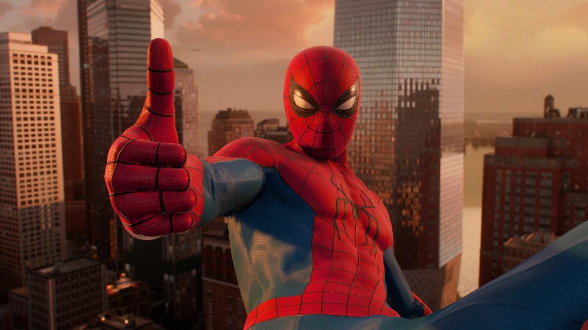 Marvel's Spider-Man 2 photo image featuring Spider-Man wearing the Fresh Start suit, hitting a thumbs-up pose mid-air.
