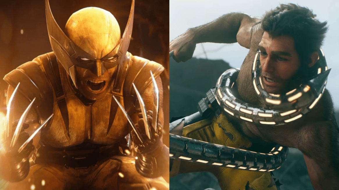 Marvel's Wolverine screenshot featuring Wolverine screaming on the left and Logan trapped by Omega Red on the right.