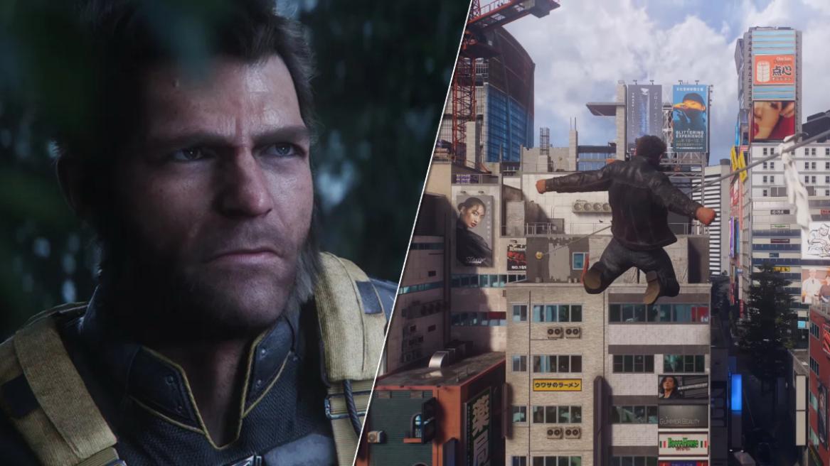 Marvel's Wolverine screenshot featuring Logan in the Canadian jungle (left), Logan jumping off of rooftops in Tokyo (right).
