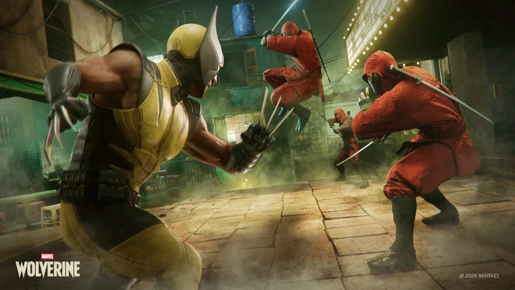 Marvel's Wolverine screenshot featuring Logan fighting The Hand in Madripoor (low-town).