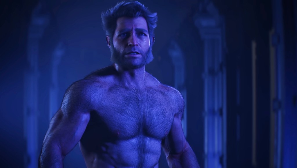 Marvel's Wolverine screenshot featuring a shirtless Logan under some blue lighting.
