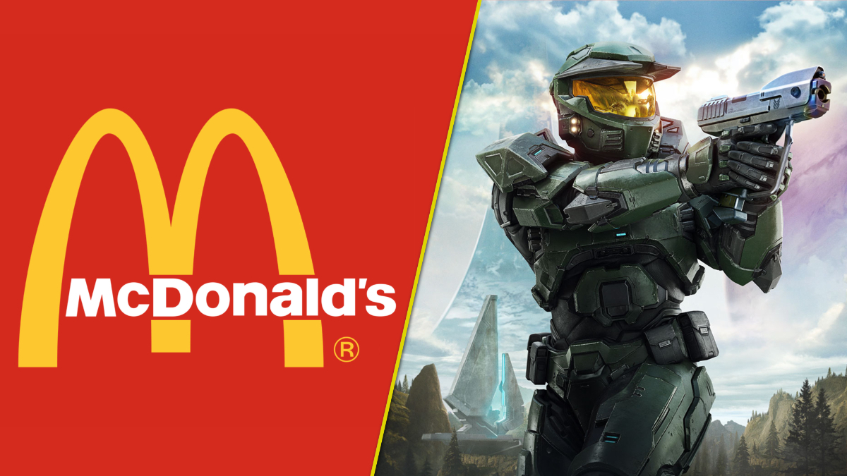 McDonald's logo on the left, Master Chief posing with a gun on the Halo: Campaign Evolved poster on the right.