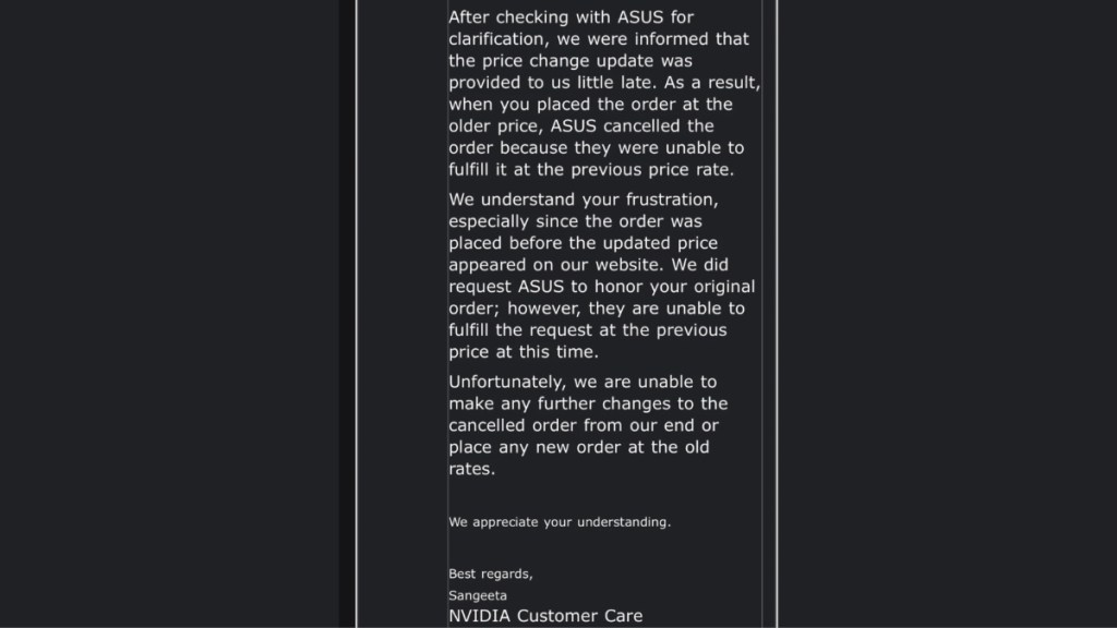 NVIDIA customer support's reply to the RTX 5090 cancelled order after price hike.