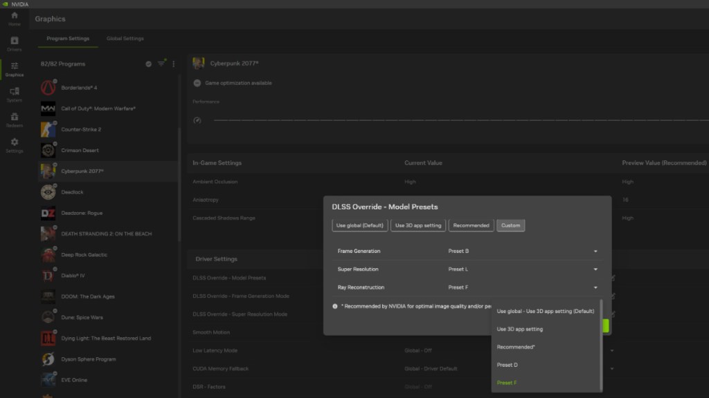 Changing settings to Nvidia DLSS 4.5 Ray Reconstruction through the Nvidia app.
