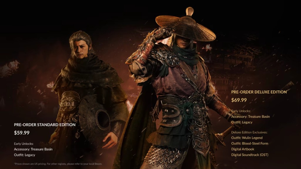 Phantom Blade Zero pre-order editions, featuring the pre-order bonuses and the deluxe edition bonuses.