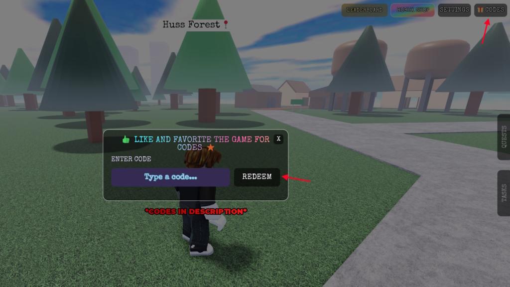 Escape Huss Valley Codes window showing the code box and Redeem button