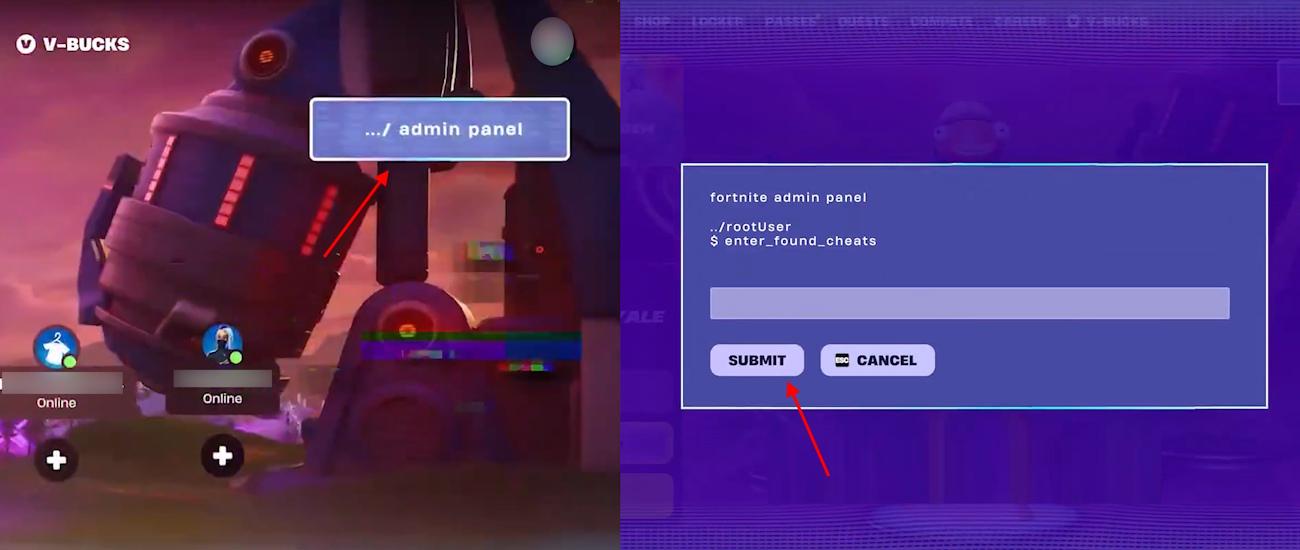 Fortnite lobby Admin Panel with code input box and Submit button