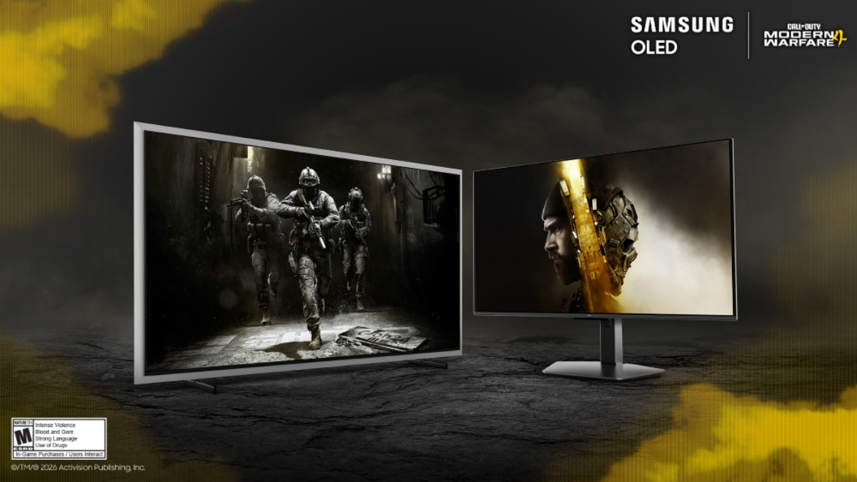 Samsung x Call of Duty: Modern Warfare 4 promotion image featuring the game's cover on Odyssey G9 monitors.