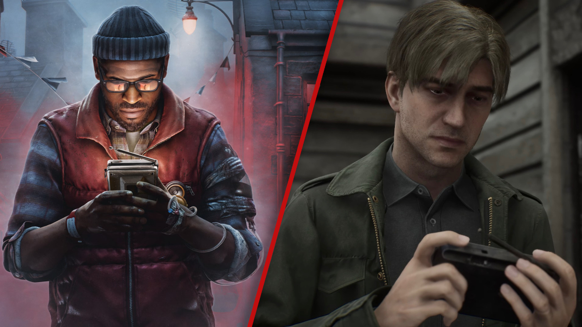 Silent Hill: Townfall cover image featuring Simon Ordell with the CRTV (left)/ Silent Hill 2 remake screenshot featuring James Sunderland with the pocket radio.