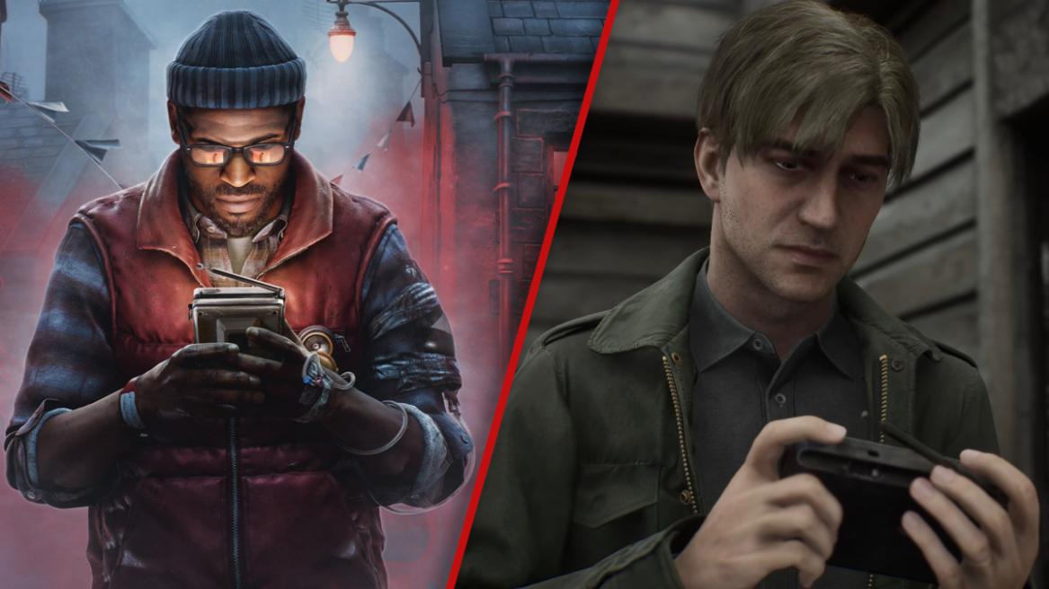 Silent Hill: Townfall cover image featuring Simon Ordell with the CRTV (left)/ Silent Hill 2 remake screenshot featuring James Sunderland with the pocket radio.