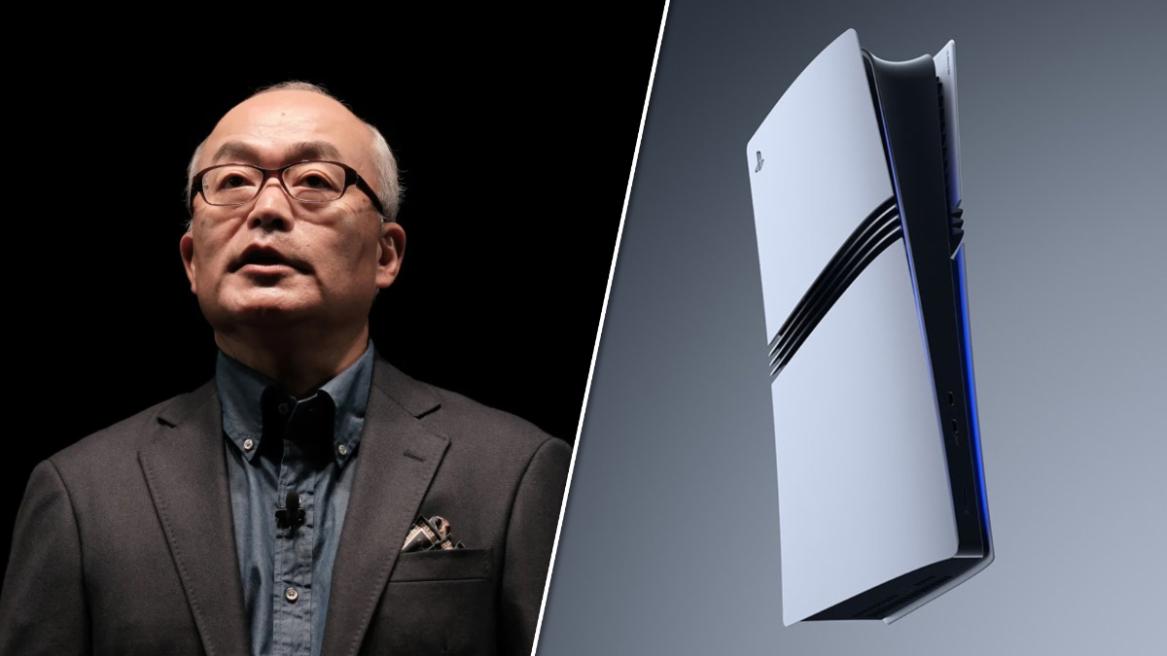 Sony CEO Hiroki Totoki (left), image of a PlayStation 5 Pro on a grey background (right).