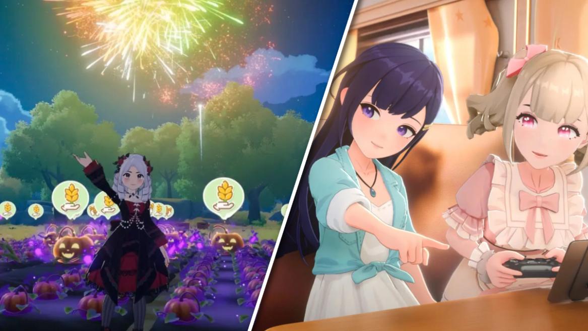 Starsand Island Update 1.0 featured image with an islander taking a picture (left), two islanders inside their houses conversating (right).