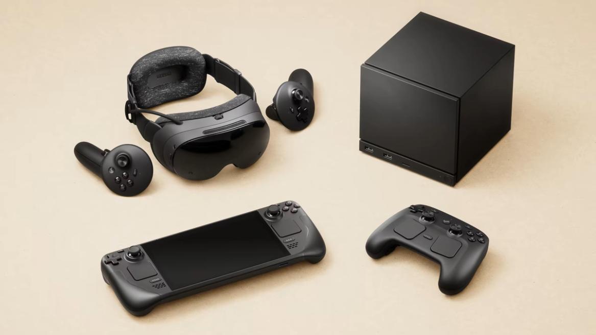 The Steam headset, Steam Machine, Steam Controller, and Steam Deck on a pale background.