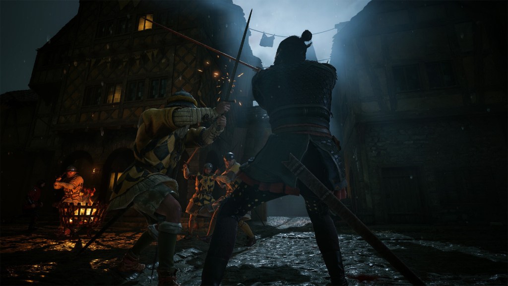 The Blood of Dawnwalker screenshot featuring Coen fighting an enemy at night.