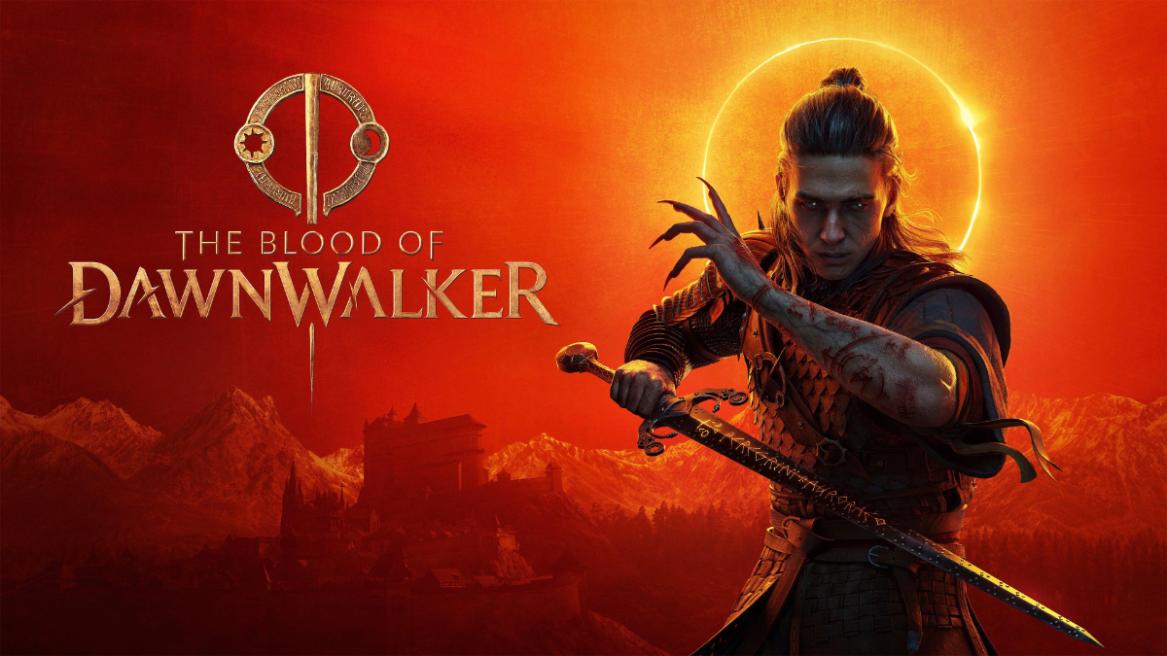 The Blood of Dawnwalker cover image featuring protagonist Coen posing with a sword on an orangish background.