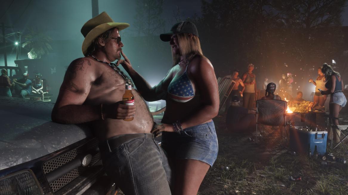 Port Gellhorn nudist town featuring two NPCs flirting in GTA 6.