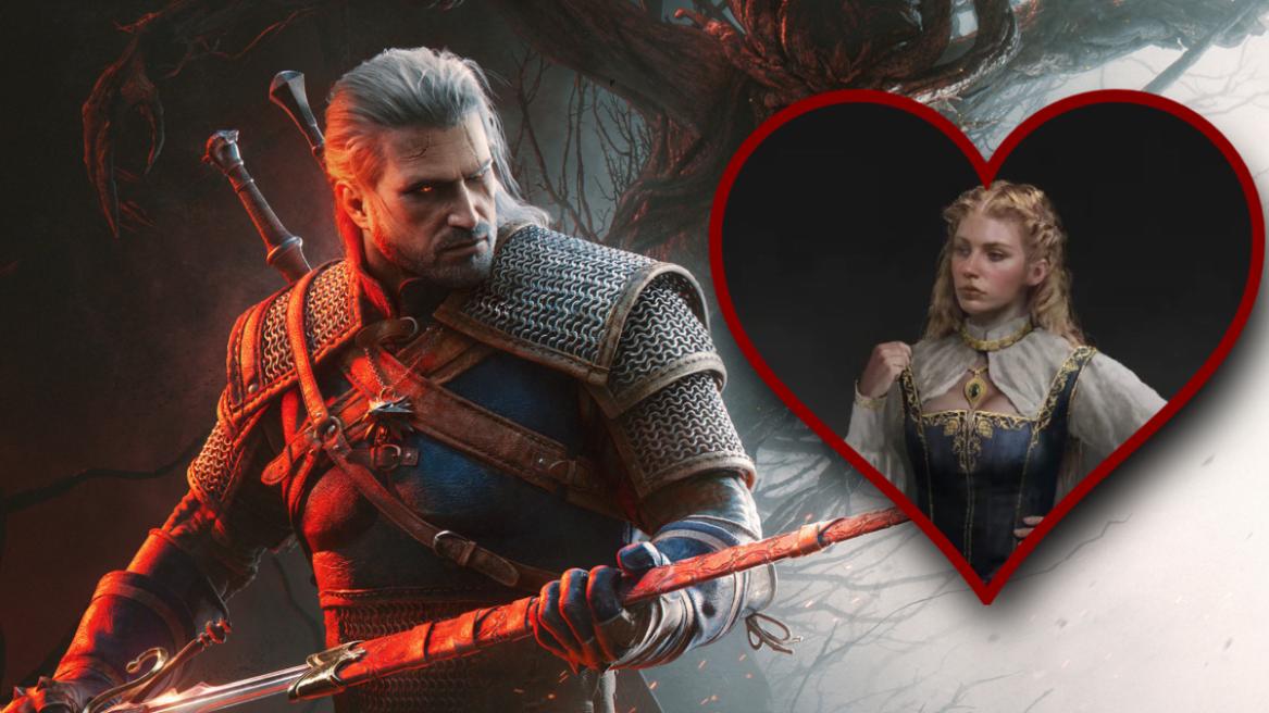 The Witcher 3: Songs of the Past DLC keyart with Geralt along with Lilla in a heart-shaped frame.