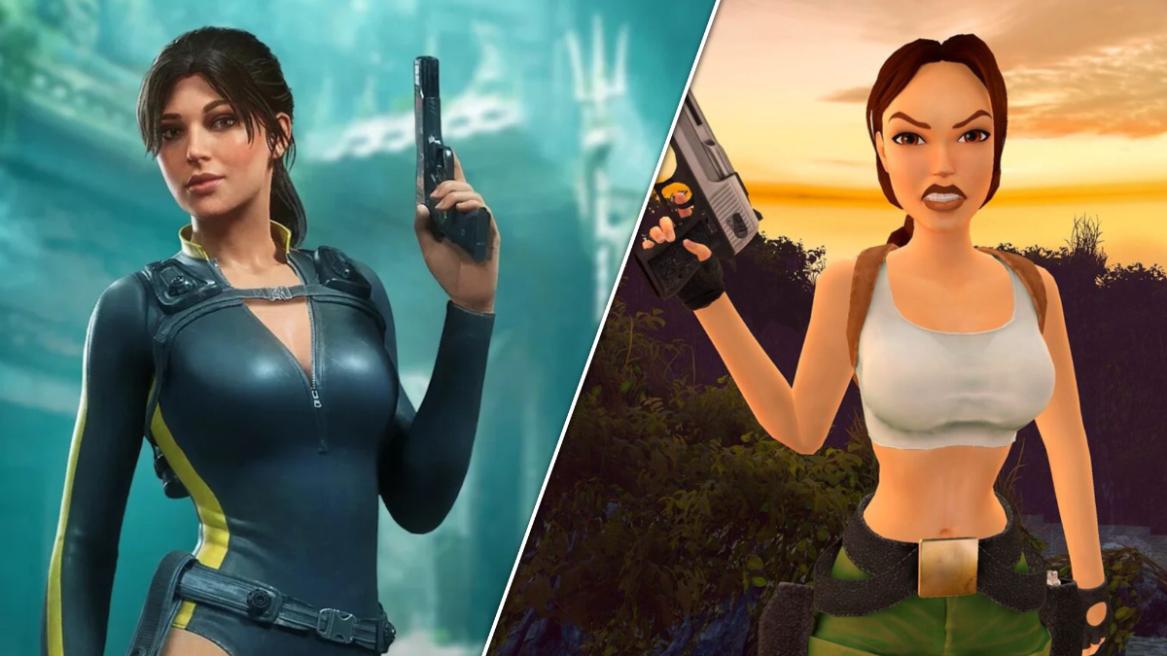 Tomb Raider: Legacy of Atlantis screenshot featuring Lara with a gun (left), Tomb Raider 3 Remastered screenshot with Lara in a tank-top holding a pistol.