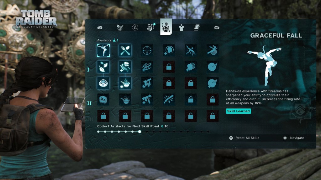 Tomb Raider: Legacy of Atlantis' skill tree and progression system for combat and healing.