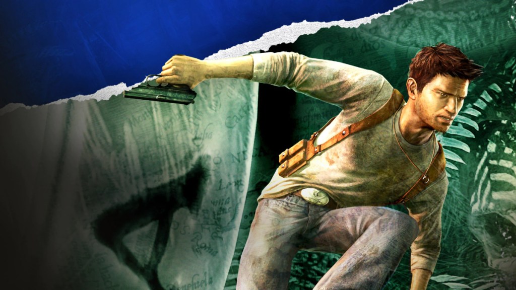 Nathan Drake with a gun vaulting over in Uncharted: Drake's Fortune, prequel to Uncharted 2: Among Thieves.