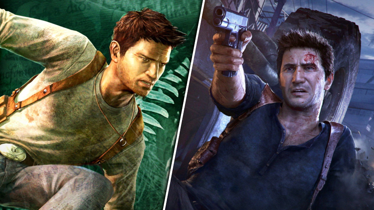 Nathan Drake valuting over in Uncharted: Drake's Fortune (left), Nathan Drake holding a gun in Uncharted 4: A Thief's End.