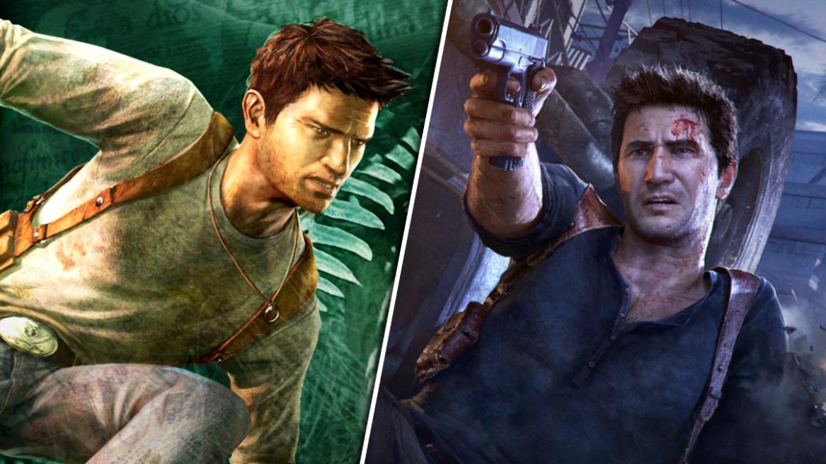 Nathan Drake valuting over in Uncharted: Drake's Fortune (left), Nathan Drake holding a gun in Uncharted 4: A Thief's End.