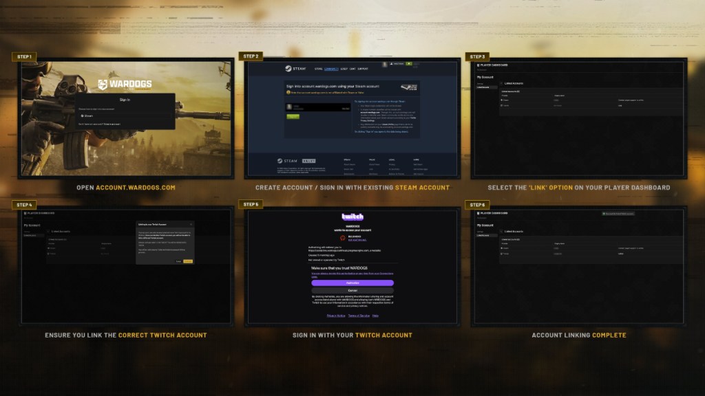 WARDOGS Twitch Drops claiming process, including linking Steam and Twitch accounts.
