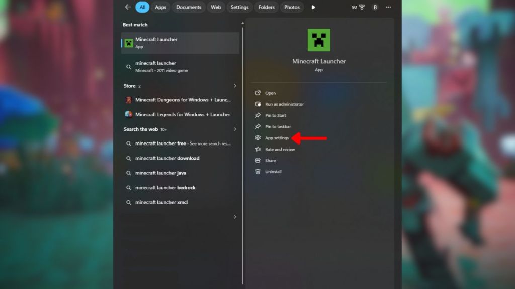 Click on the App settings of Minecraft launcher