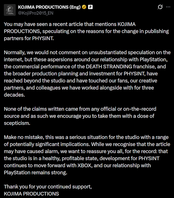 Kojima Productions statement about PHYSINT