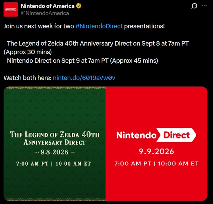 Nintendo Direct and Zelda 40th Anniversary direct announced