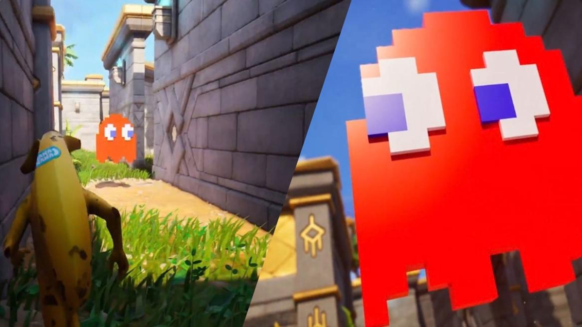 Pac-Man Ghosts in Fortnite chasing Peely in Mega Maze Landmark