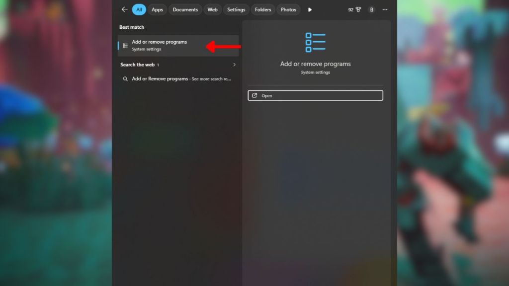 Search for add or remove programs