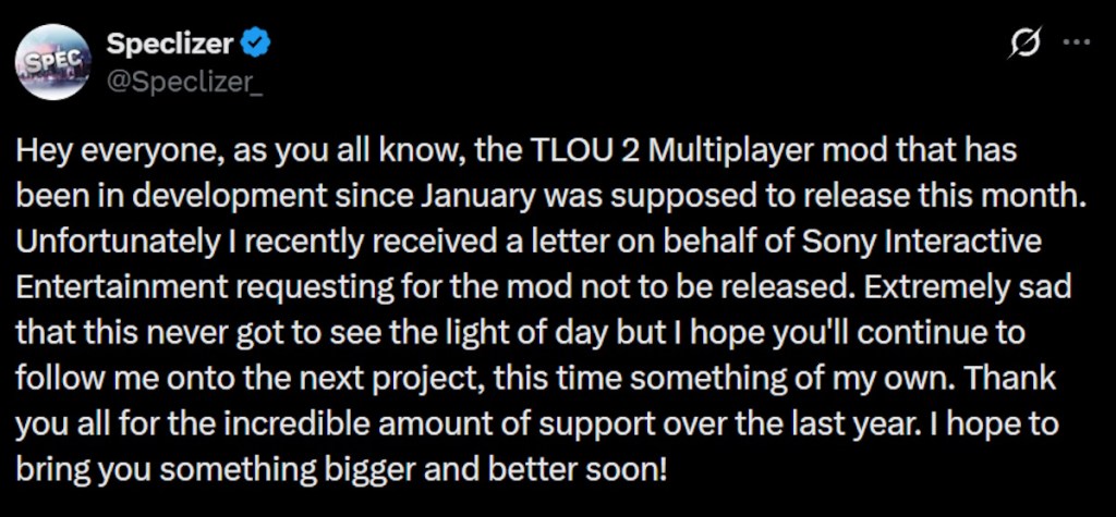 Speclizer's X post regarding Sony's cancellation of TLOU 2 multiplayer mod