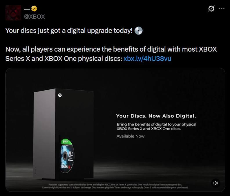 Xbox disc to digital feature rolling out for all users