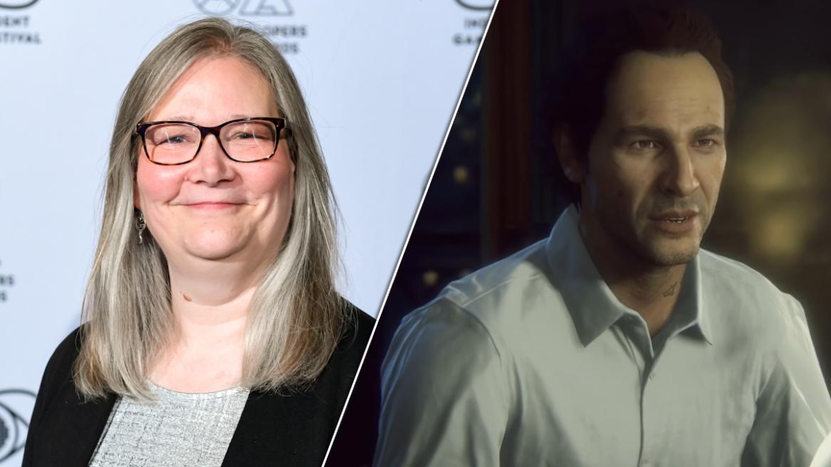 Amy Hennig (left)/Sam Drake in Uncharted 4: A Thief's End (right).