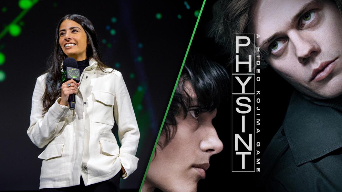 Xbox CEO Asha Sharma on stage (left), PHYSINT poster (right).