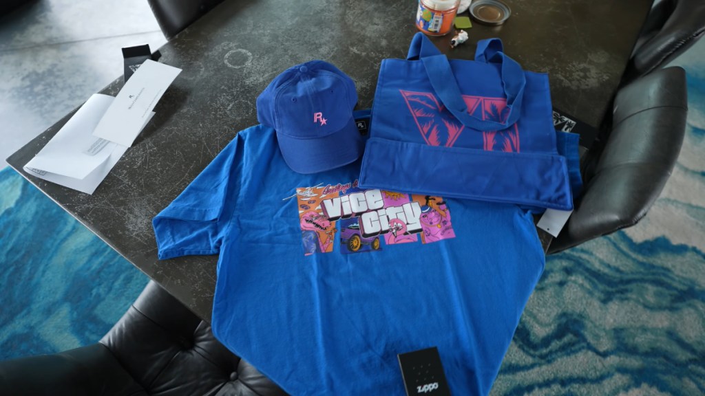 Contents of the GTA 6 merch package, received by YouTuber TmarTn from Rockstar.