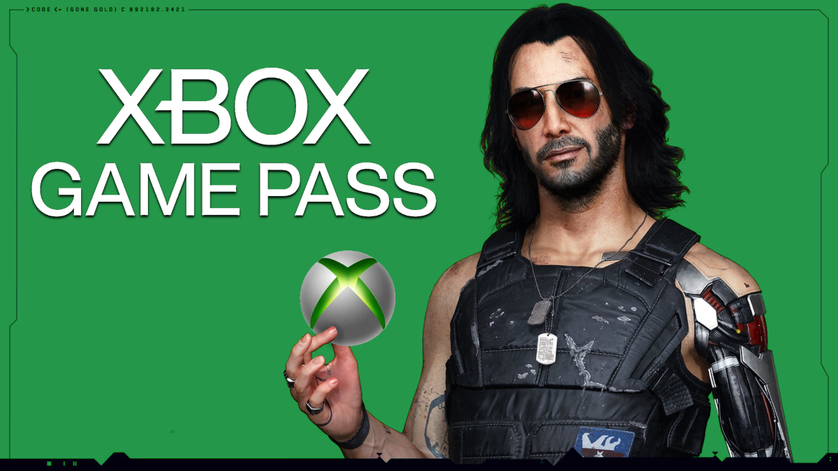 Cyberpunk 2077 promo image featuring Johnny Silverhand holding the Xbox icon with the Game Pass logo beside him.