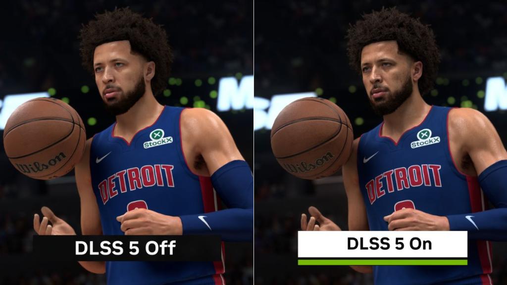 DLSS 5 Off and On as Detroit player holds ball in NBA 2K27