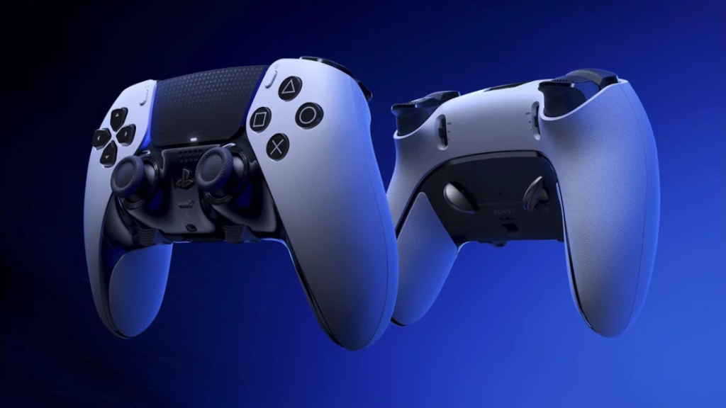 DualSense Edge controllers on a blue gradient background.