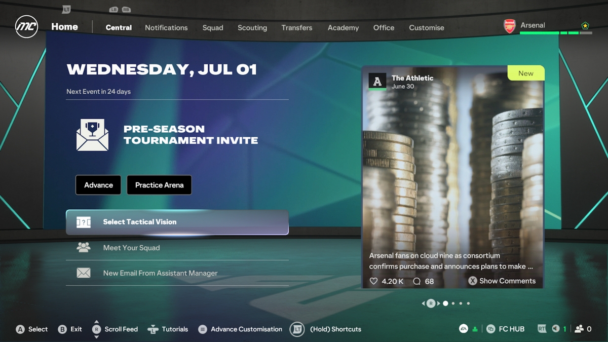 Xbox Series S screenshot of EA Sports FC 27 showing the Manager Career hub page