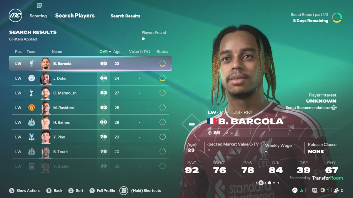 Xbox Series S screenshot of EA Sports FC 27 showing player scouting in progress