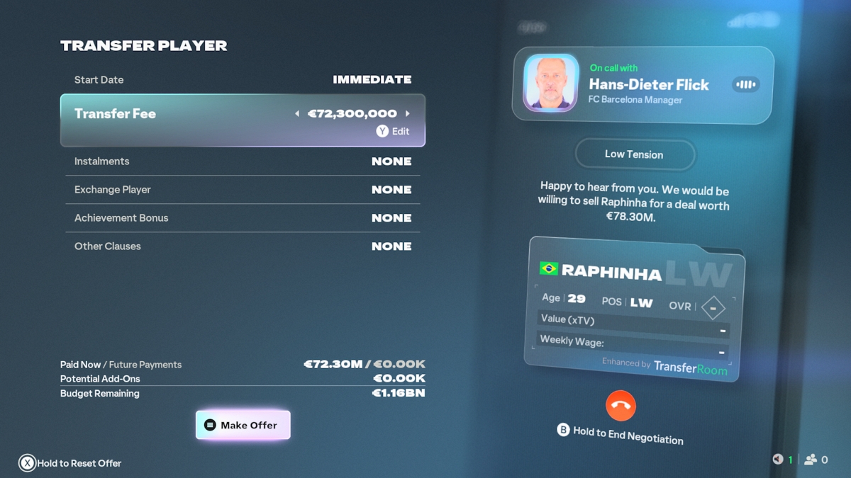 Xbox Series S screenshot of EA Sports FC 27 showing a transfer negotiation in action